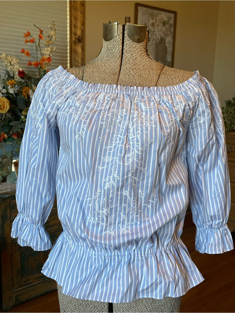 White House Black Market Blue & White Striped Off-the-Shoulder Peasant Blouse